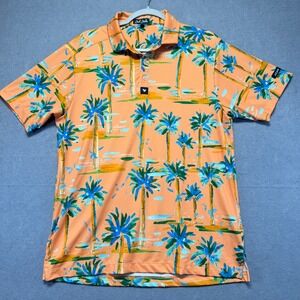 Bad Birdie Men Golf Polo Shirt Medium Peach Tropical Palm Tree Performance Short